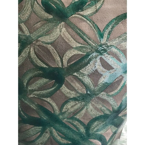 Oval RAKU Pottery Vase with Green Geometric Design - Picture 6 of 6